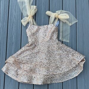 Sequined Tulle Bow Party Dress - Champagne